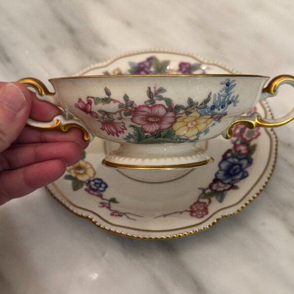 Antique Castleton China Soup Bowl Cup & Saucer Phoenix USA Gold Scalloped Edge - Picture 9 of 16